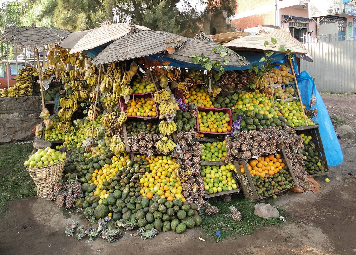 Farm produce displayed for sale at a market stall